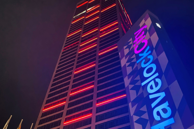 Mireka Tower lit up for Vesak with LED façade lighting